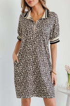 Khaki Leopard Print Zip Neck Striped Webbing Patchwork T Shirt Mini Dress