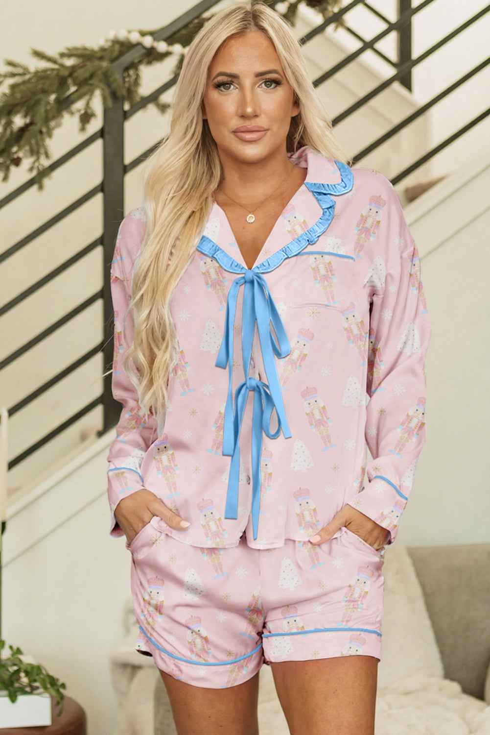 Pink Bow Tie Front Christmas Nutcracker Long Sleeve Shirt Shorts Pajama Set