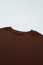 Dark Brown Textured Ribbed Knit Lettuce Trim 2pcs Lounge Set