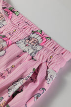 Pink Christmas Print Ruffled Ribbed Shirt & Pants 2 Piece PJ Set