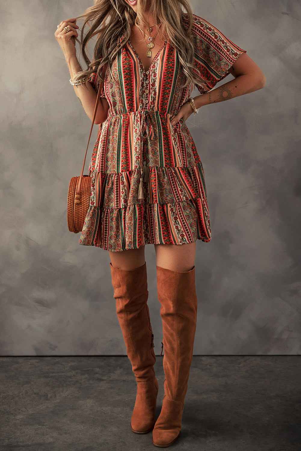Red Bohemian Floral Print Buttoned V Neck Ruffle Tiered Dress