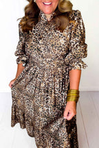 Brown Leopard Print V Neck Long Sleeve Gathered Waist Plus Size Dress