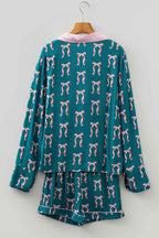 Green Ribbon Bow Print Silky Long Sleeve Shirt and Shorts 2pcs Pajama Set