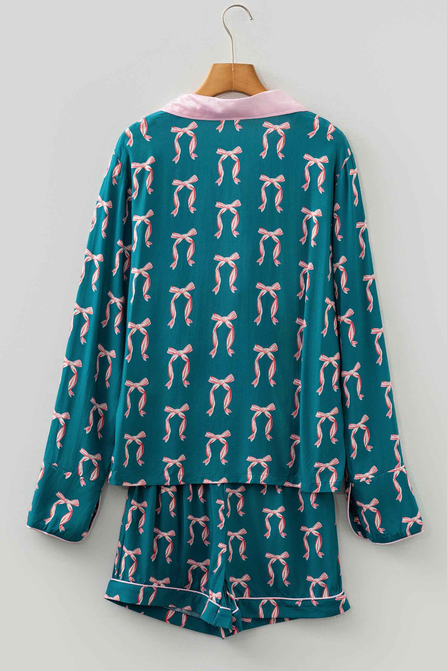 Green Ribbon Bow Print Silky Long Sleeve Shirt and Shorts 2pcs Pajama Set
