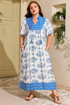 Sky Blue  Plus Size Floral Print Contrast Boho Patchwork V Neck Loose Midi Dress