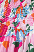 Pink Floral Print Adjustable Straps Smocked High Waist Sundress