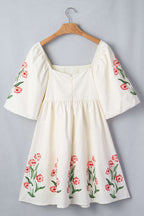 Beige Floral Print Puff Sleeve Babydoll Dress