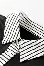 Black Plus Size Striped Cuffs Polo Collar Patchwork Long Sleeve Ruffle Hem Dress