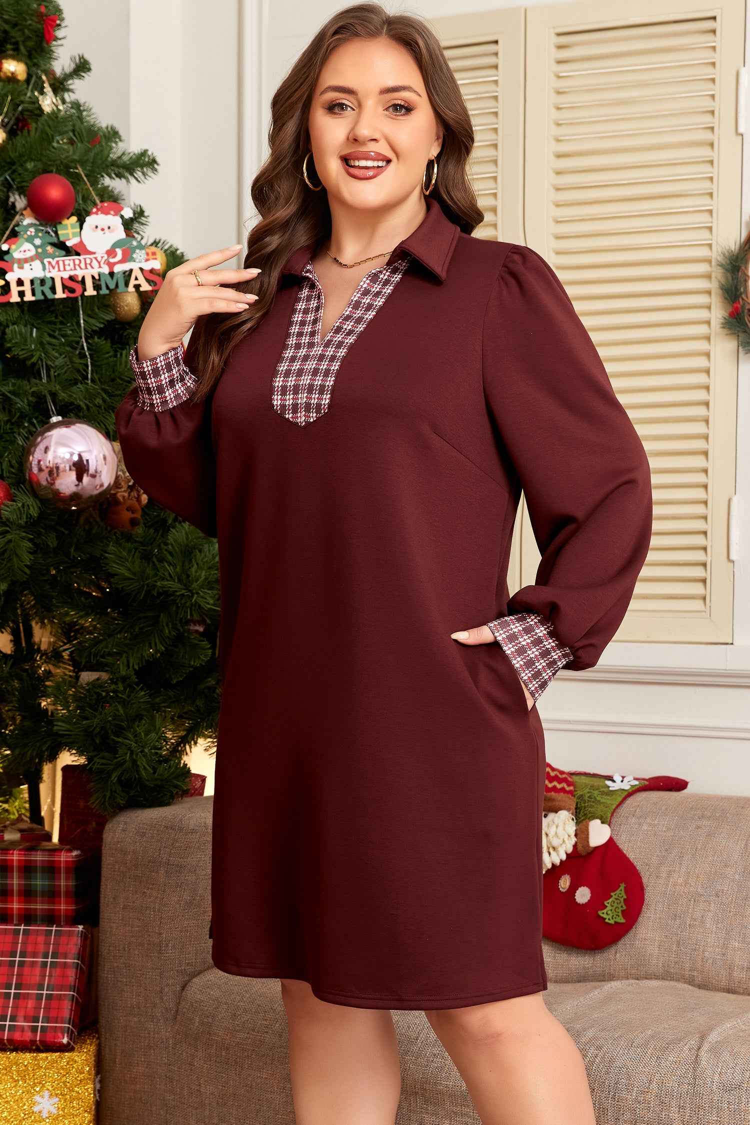 Coffee Contrast Plaid Trim Patchwork Collared Plus Size Shift Mini Dress