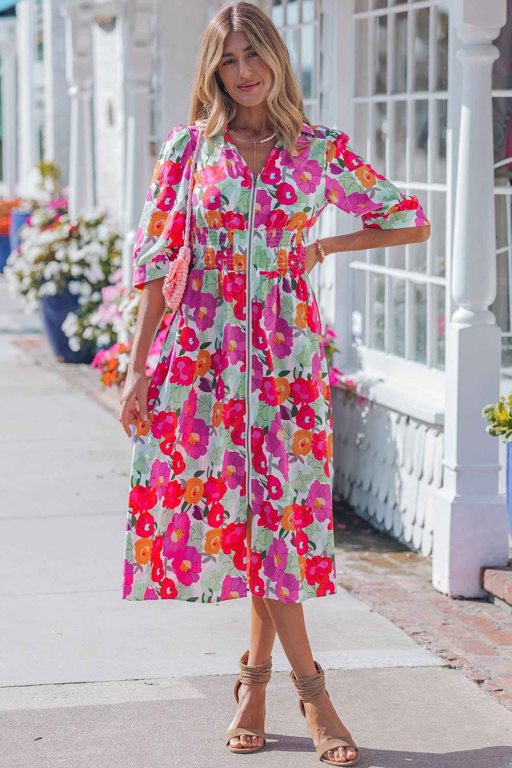 Rose Vibrant Floral Print V Neck Zip Up Puffy Half Sleeve Dress