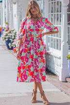 Rose Vibrant Floral Print V Neck Zip Up Puffy Half Sleeve Dress