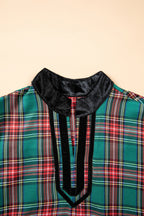 Green Plaid Velvet Trim Pockets Short Shift Dress
