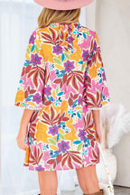 Pink Floral Print Lace Trimmed Tie Back Bell Sleeve Swing Mini Dress