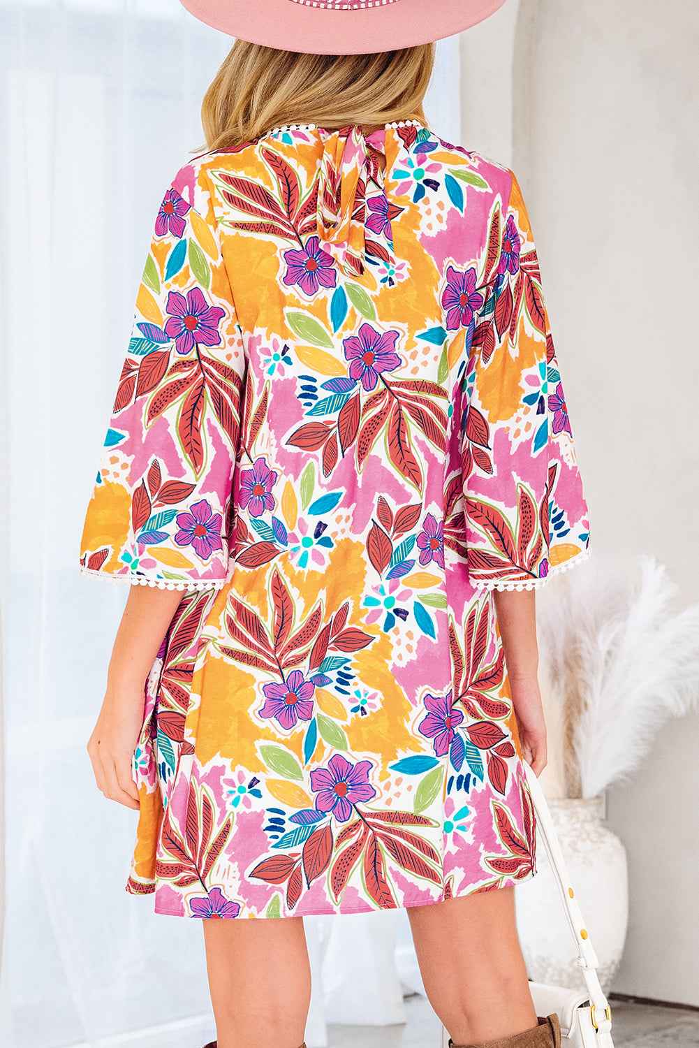 Pink Floral Print Lace Trimmed Tie Back Bell Sleeve Swing Mini Dress