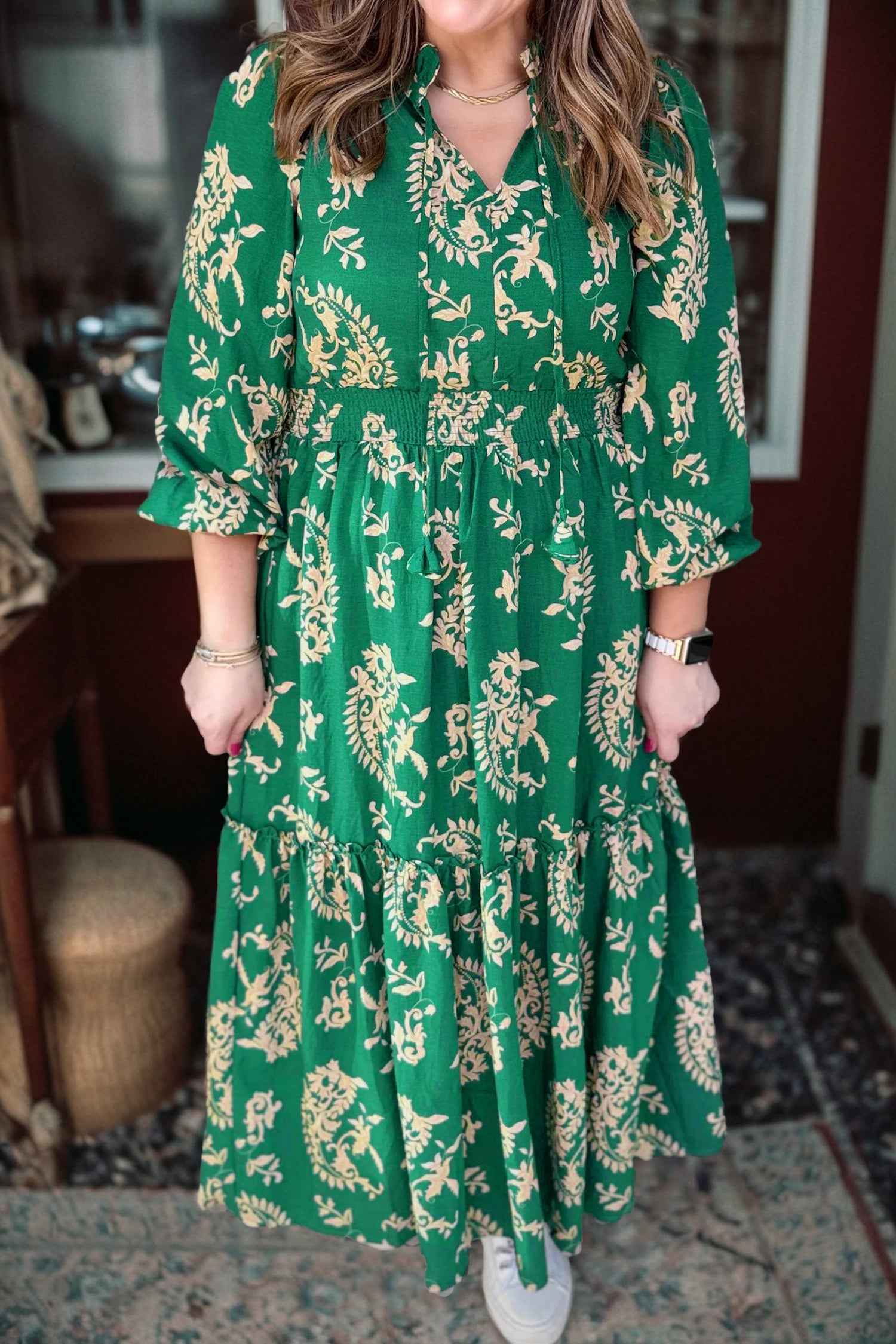 Green Floral Print V Neck Shift Dress Plus Size Dress