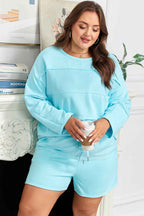 Aruba Blue Plus Size Solid Color Splicing Raw Hem Pullover Top Shorts Set