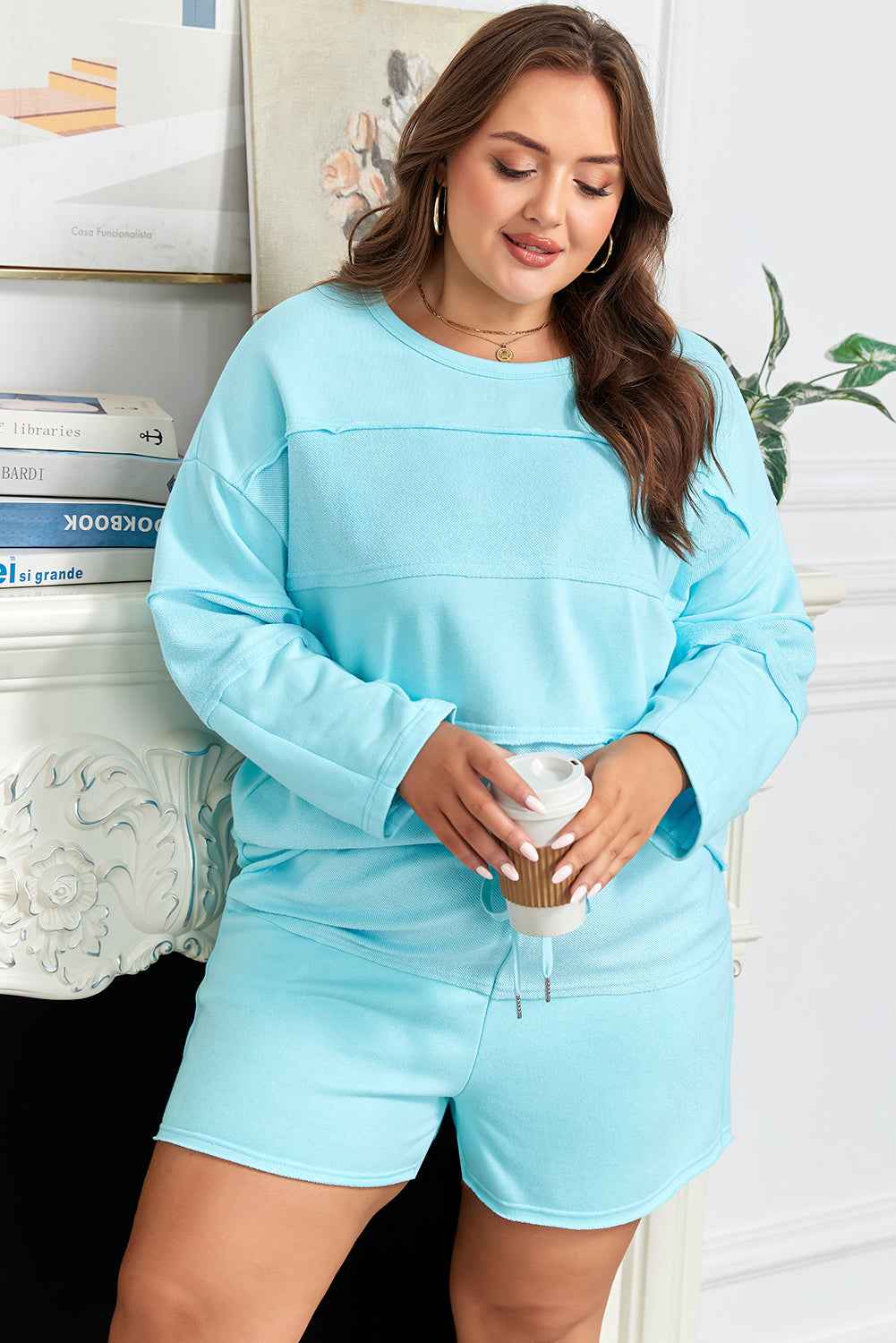 Aruba Blue Plus Size Solid Color Splicing Raw Hem Pullover Top Shorts Set