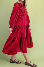 Racing Red Solid Color Ruffle Trim Long Sleeve Tiered Shift Midi Dress