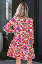 Red Fall Flower Print Long Sleeve Mini Dress