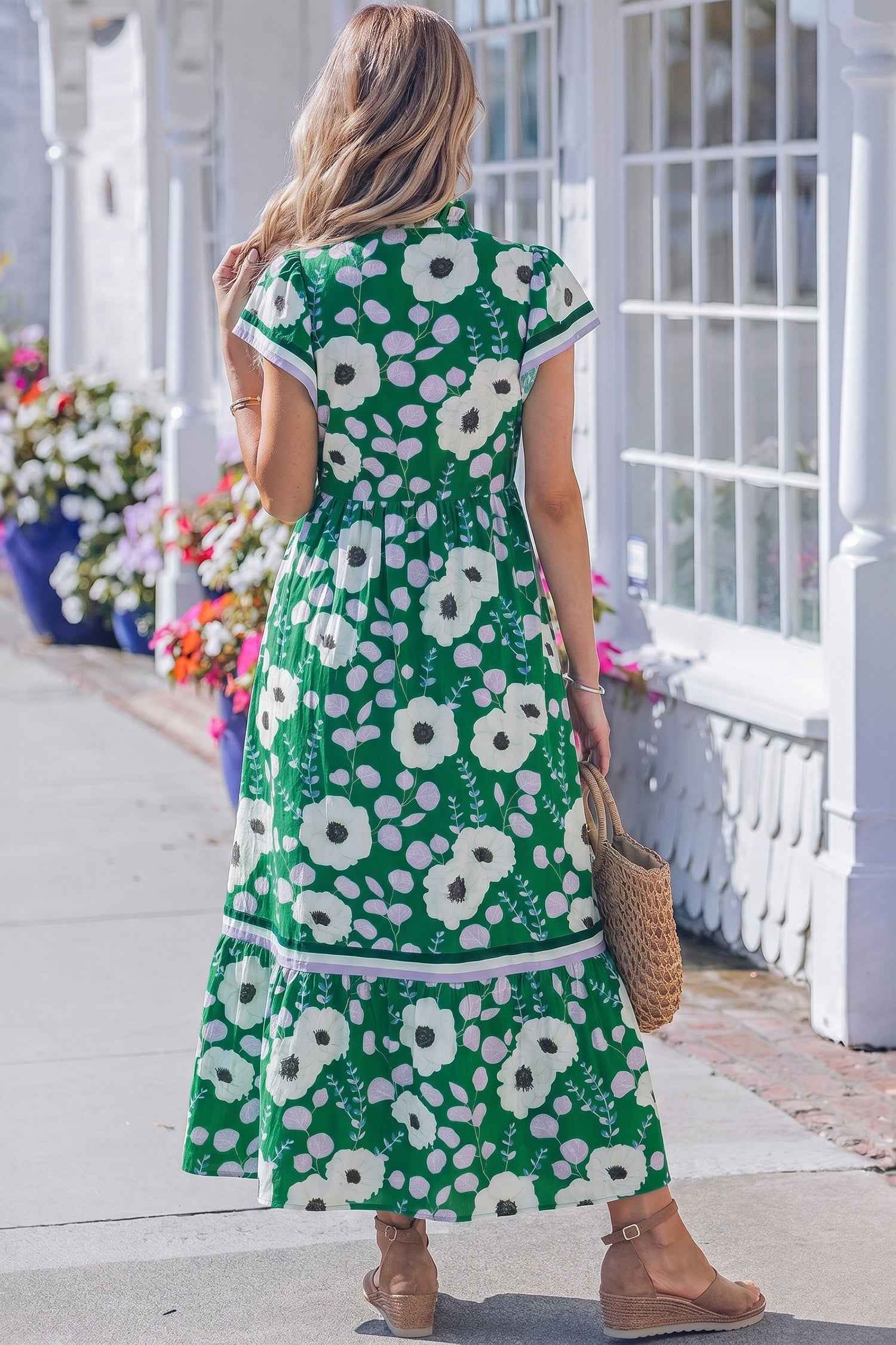 Green V Neck Ruffled Short Sleeve Flower Maxi Dress