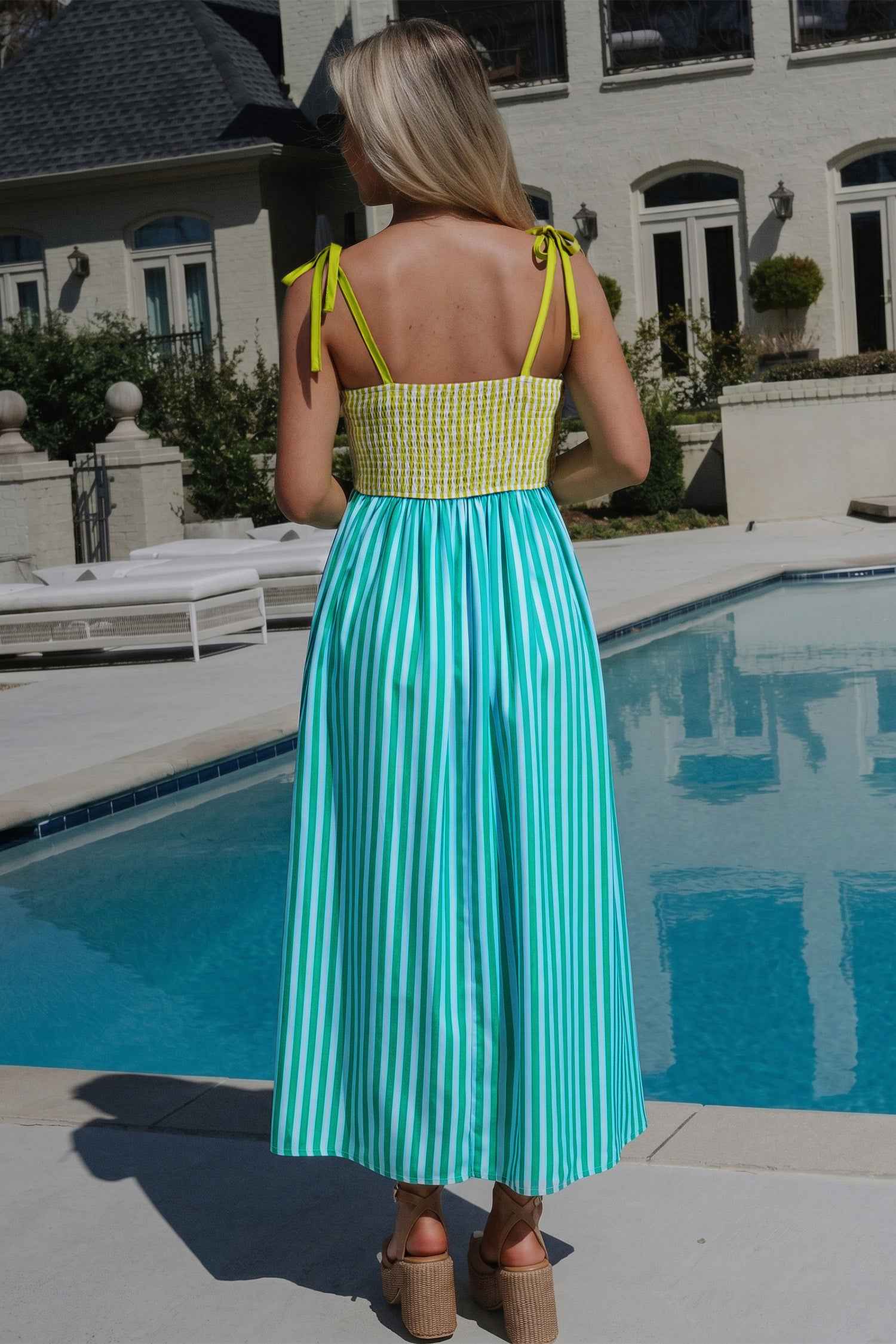 Green Stripe Scalloped Contrast Patchwork Knot Strap Midi Dress