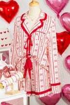 Red Sweet Floral Heart Bow Print Contrast Trim Long Sleeve Shirt Pajama Short Set