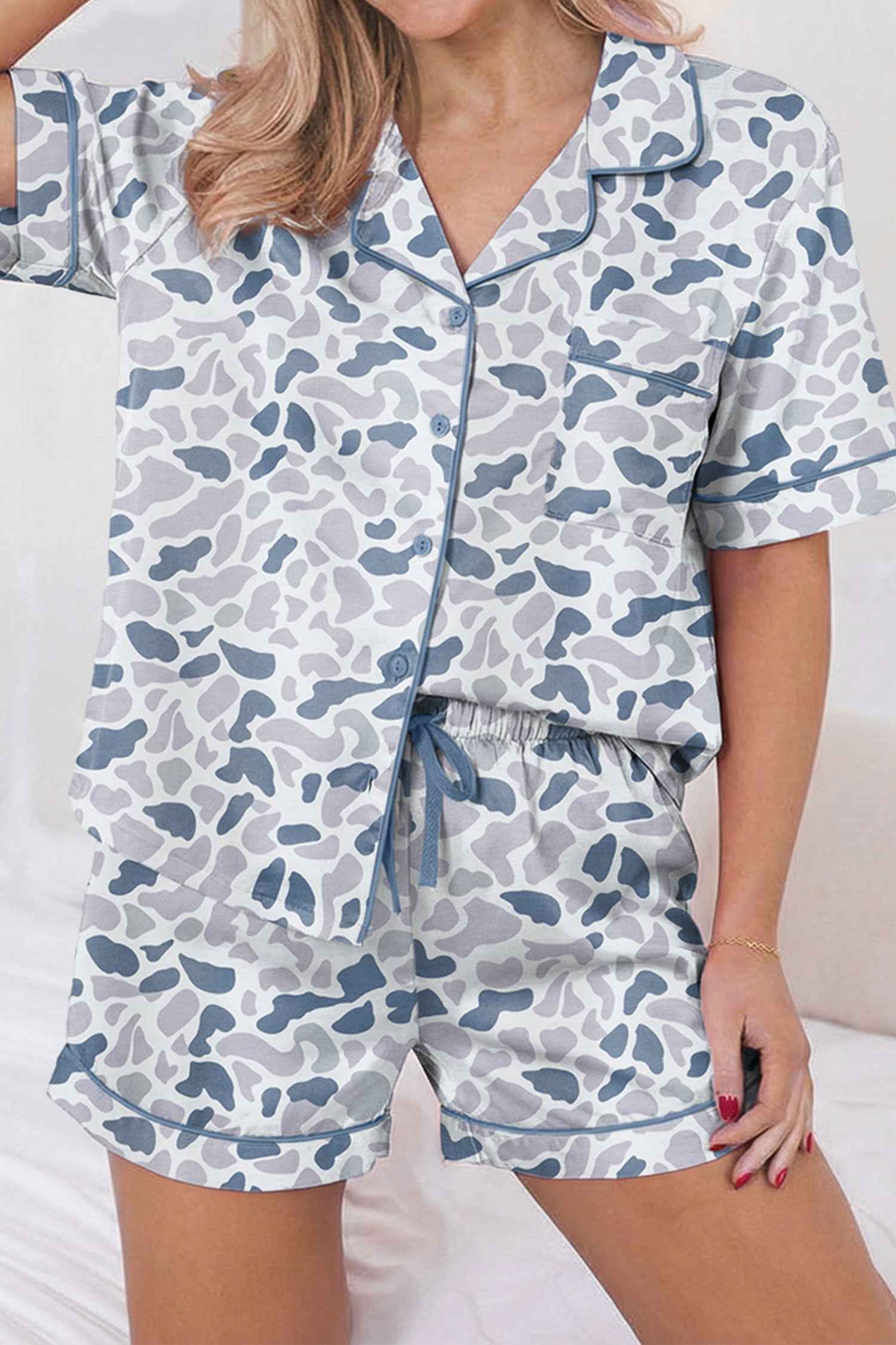 Beige Camouflage Print Lapel Shirt Drawstring 2pcs Short Pajama Set