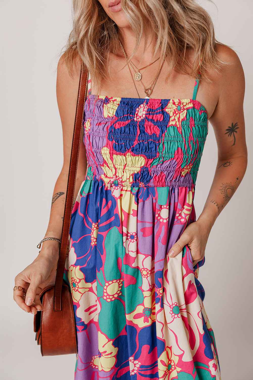 Purple Floral Print Shirred Spaghetti Strap Loose Maxi Dress