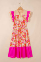 Rose Floral Print Color Block Ruffled Short Sleeve Flared Midi Dress
