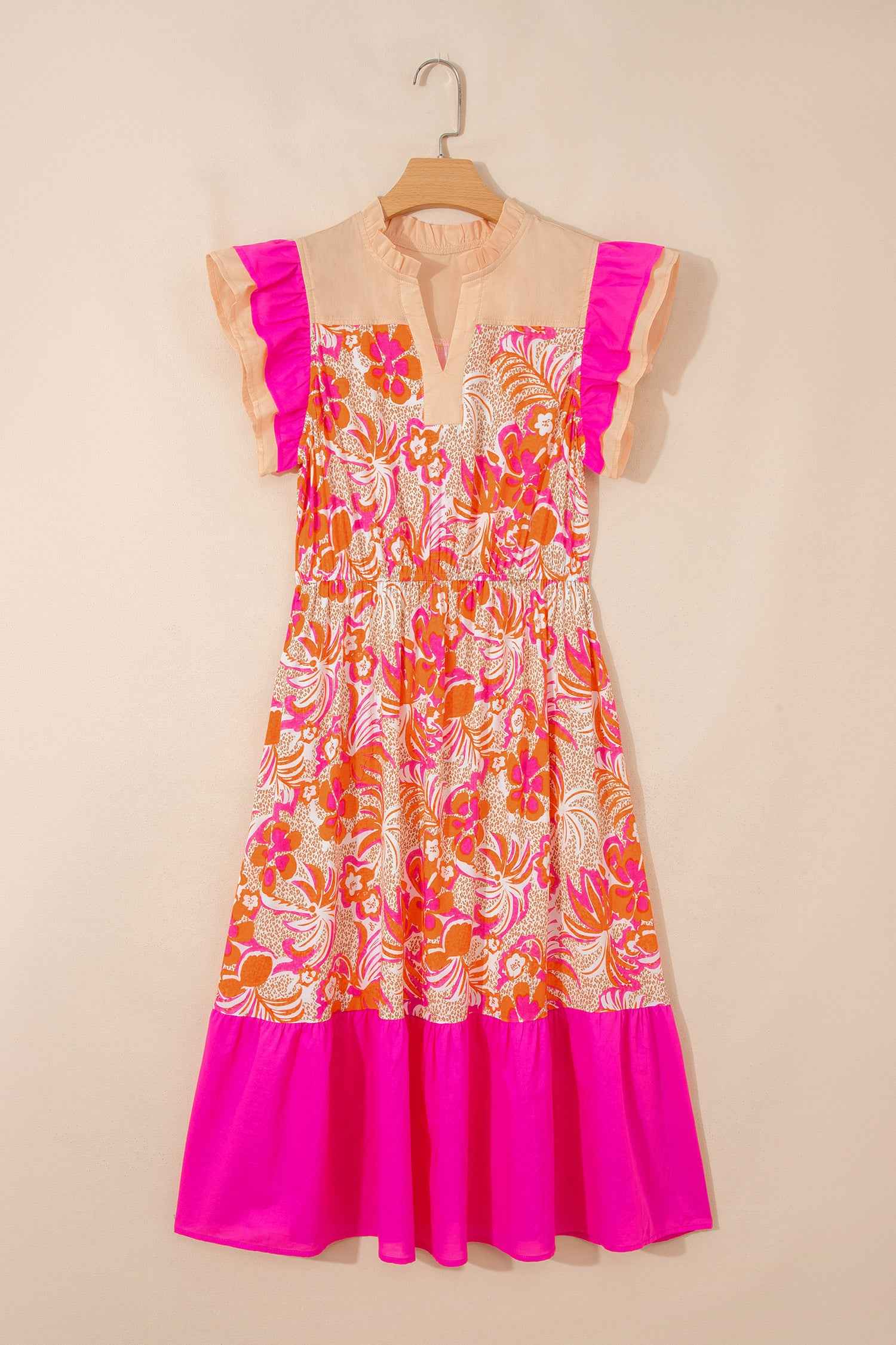 Rose Floral Print Color Block Ruffled Short Sleeve Flared Midi Dress