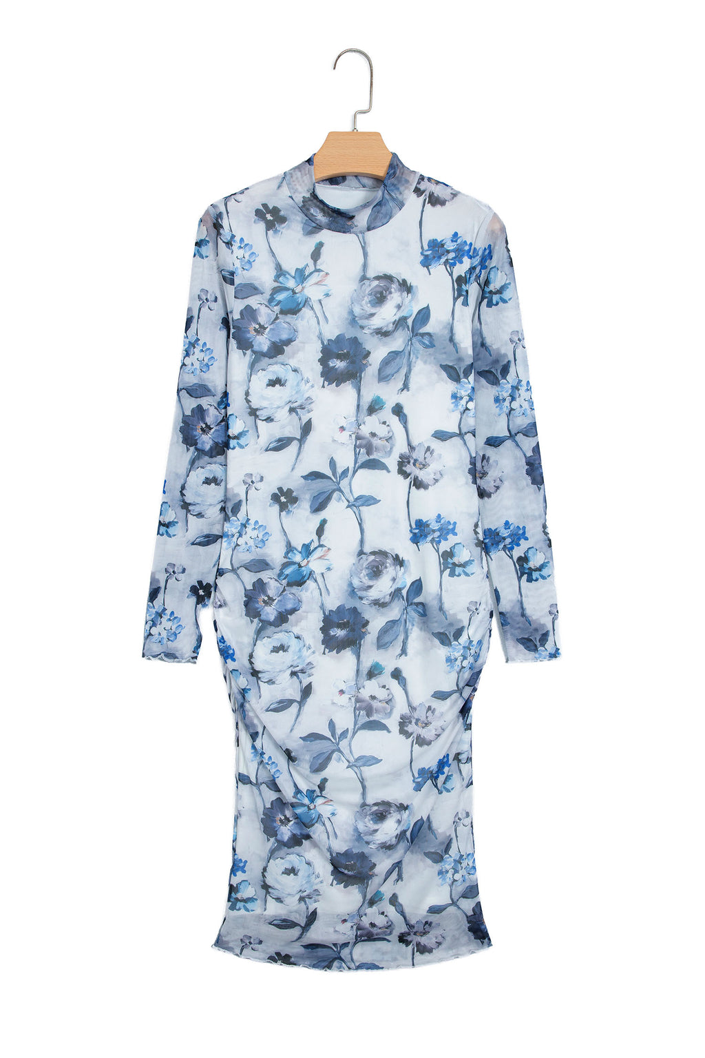 Sky Blue Floral Print Sheath Elegant Long Sleeve Dress