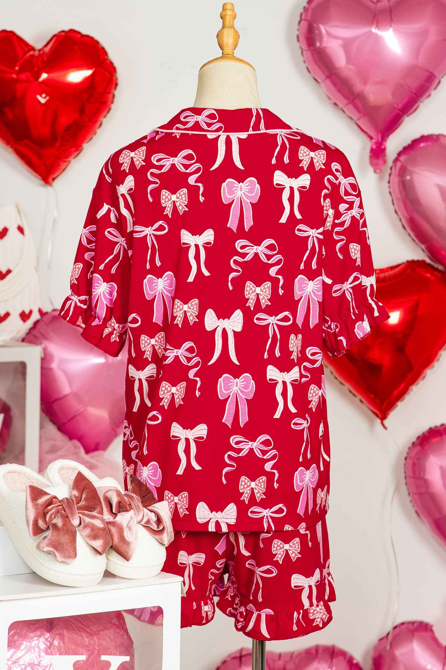 Red Sweet Bow Print Ruffled Short Sleeve Shirt Shorts 2pcs Pajama Set