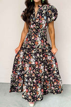 Black Floral Print V Neck Pleated Tiered Maxi Dress
