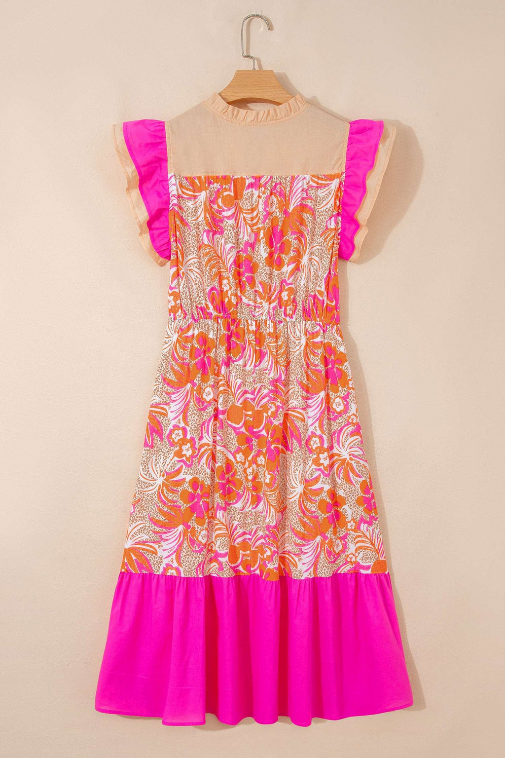 Rose Floral Print Color Block Ruffled Short Sleeve Flared Midi Dress