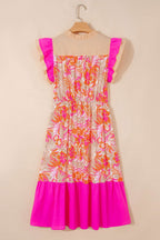 Rose Floral Print Color Block Ruffled Short Sleeve Flared Midi Dress