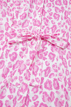 Pink Abstract Leopard Print Tie Waist Puff Sleeve Mini Shirt Dress