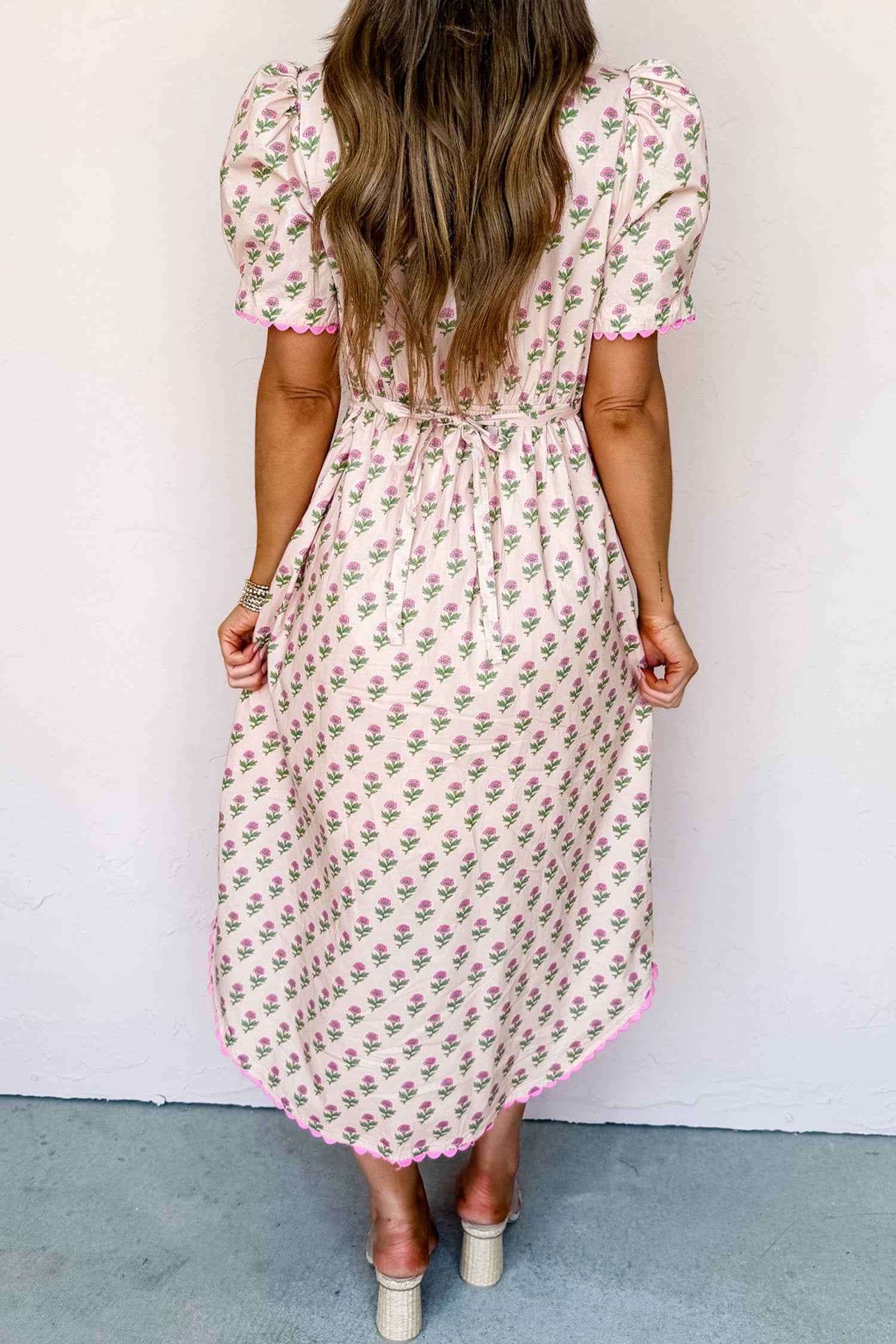 Pink Floral Print V Neck Scallop Trim Button Front Short Sleeve Long Dress