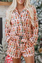 Pink Nutcracker March Long Sleeve Button Up 2pcs Pajama Short Set