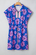 Purple Floral Striped Quarter Zip Cap Sleeve Drawstring Waist Mini Dress