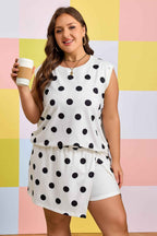 White Plus Size Polka Dot Printed Tank Split Skort 2pcs Outfit