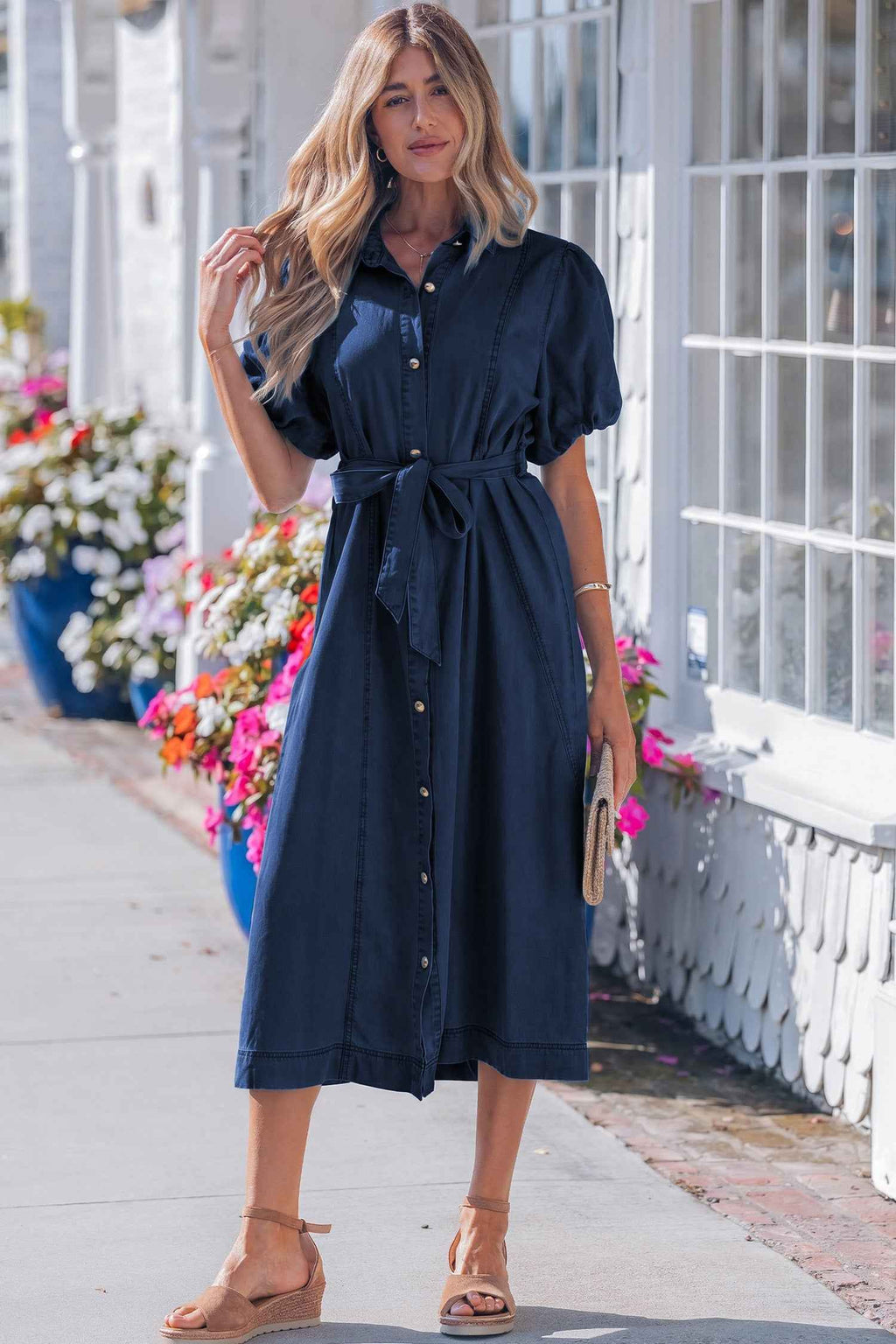 Sail Blue Full Buttons Collared Short Bubble Sleeve Long Denim Dress