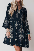 Red Boho Floral Print Lettuce Trim 3/4 Sleeve Mini Dress