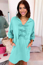 Moonlight Jade Bow Front Bracelet Sleeve Collared Side Pocket Shift Mini Dress