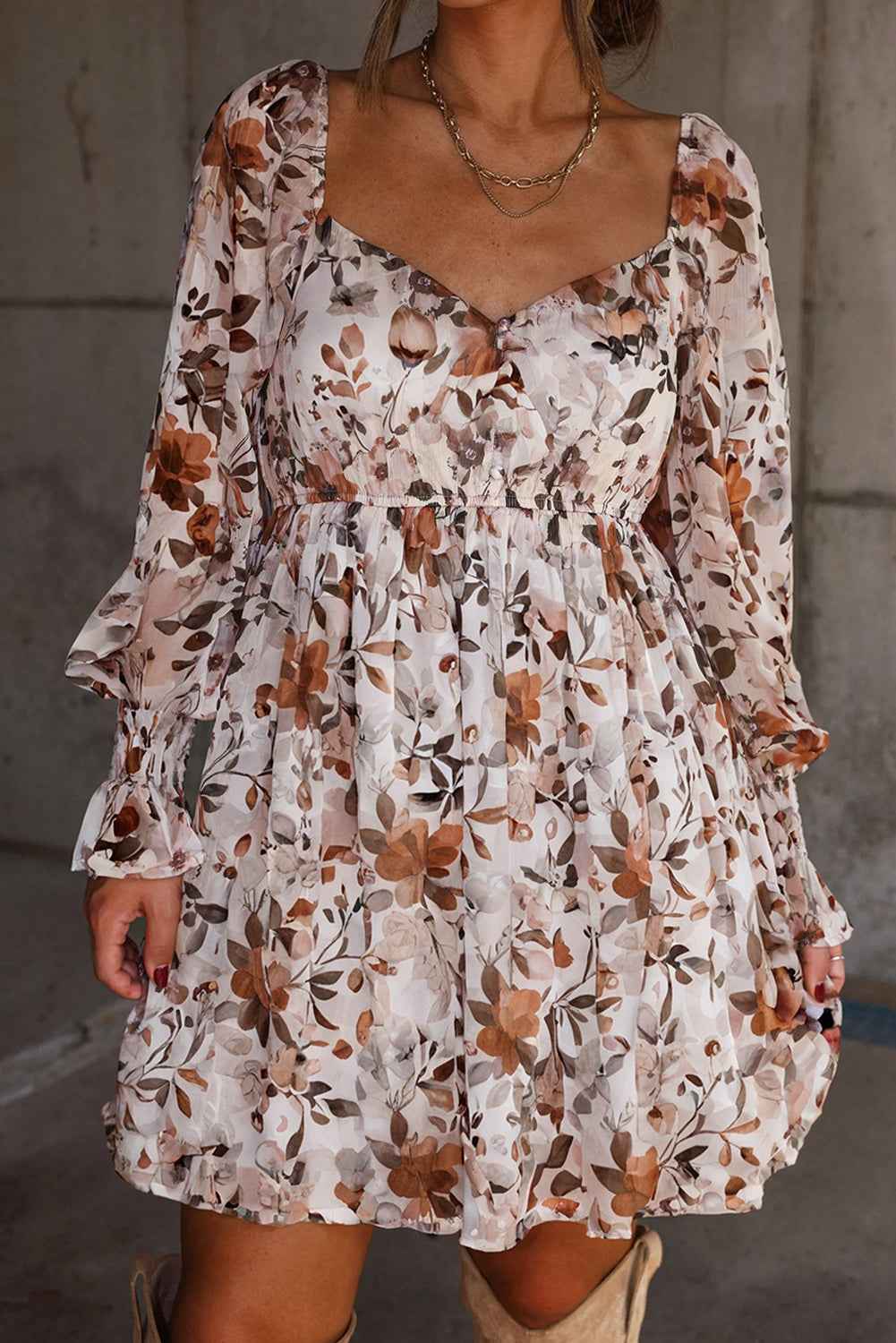 White Floral Print Sweetheart Neck Long Sleeve High Waist Mini Dress
