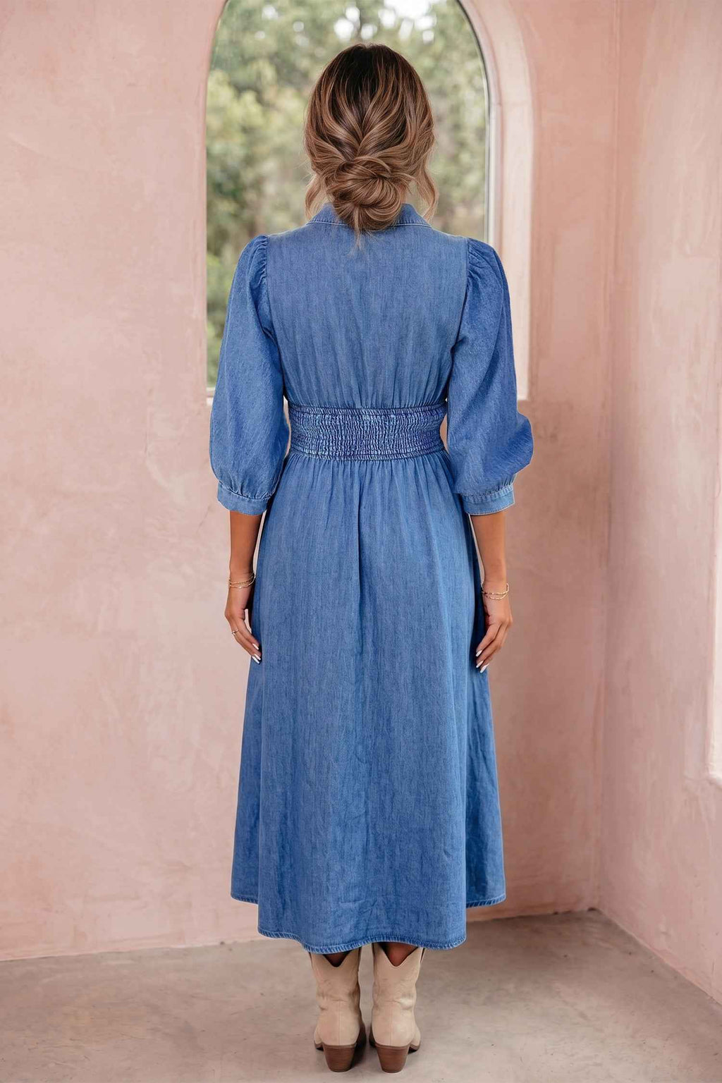 Blue V Neck Shirred Waist Metal Zipper Denim Midi Dress