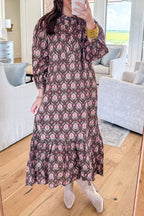 Brown Floral Print Button Front Ruffle Hem Midi Dress