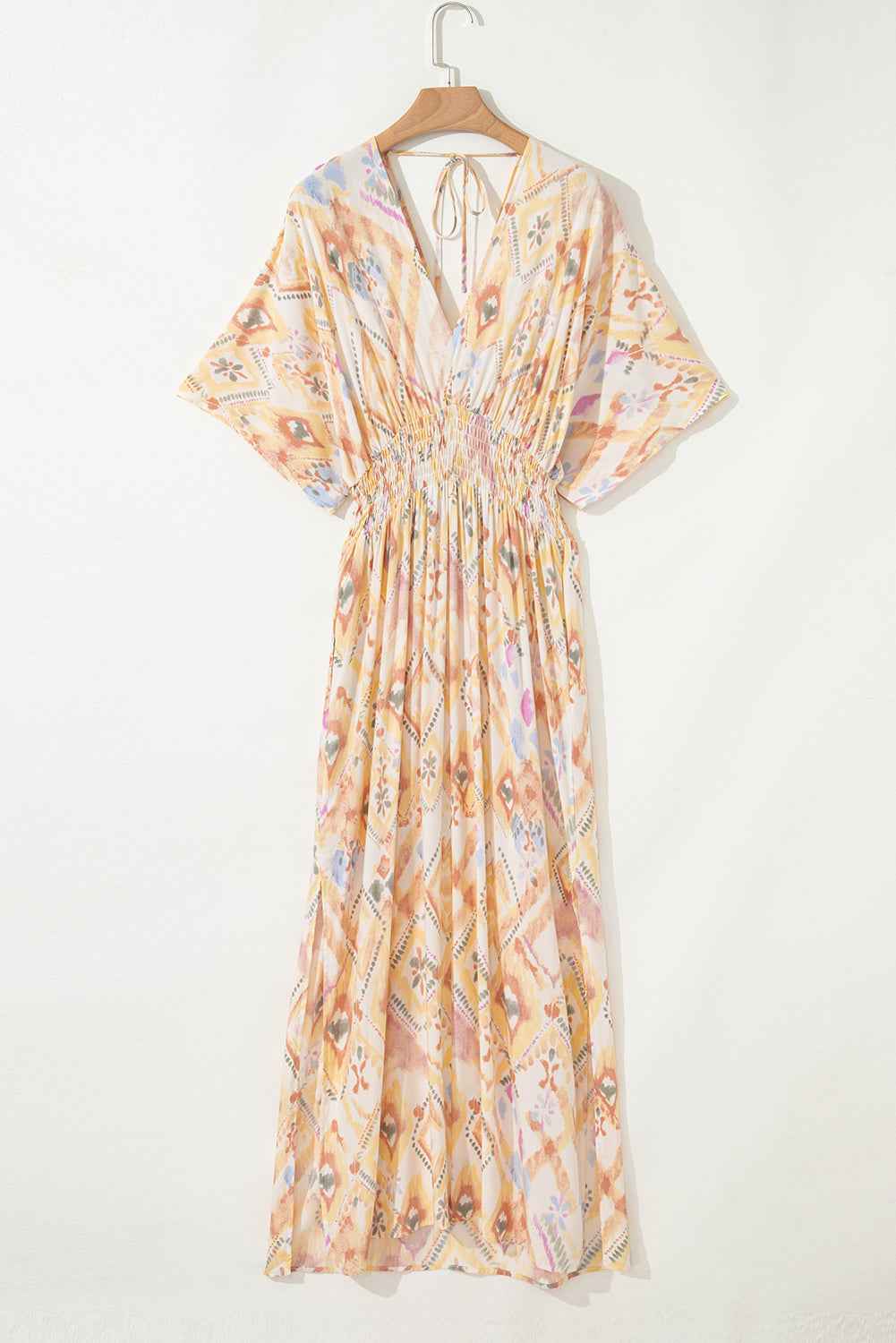 Multicolour Geometric Print Half Sleeve Shirred High Waist Maxi Dress