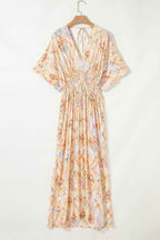 Multicolour Geometric Print Half Sleeve Shirred High Waist Maxi Dress