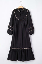 Black Contrast Leopard Trim Split Neck Long Sleeve Casual Midi Dress