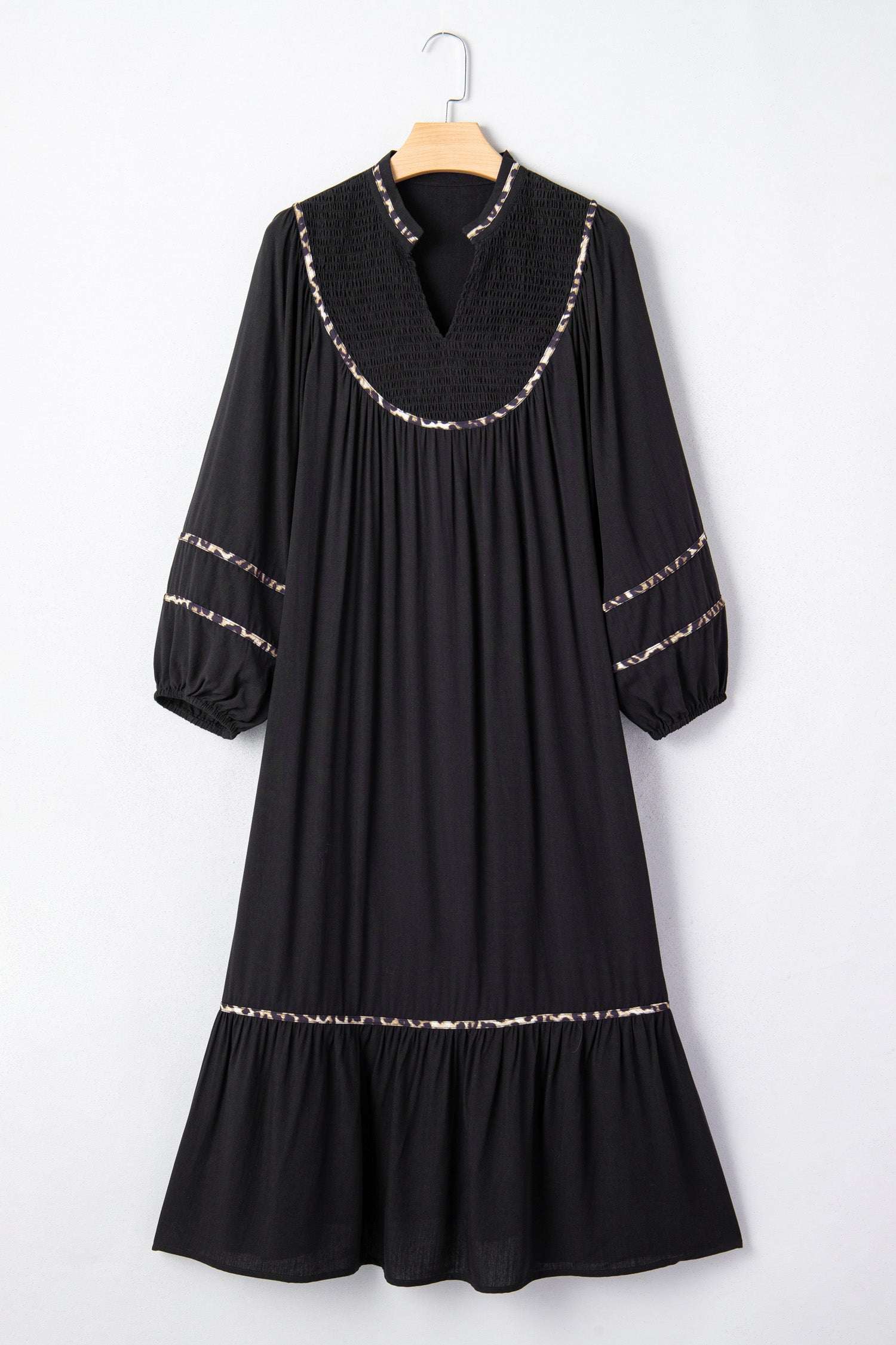 Black Contrast Leopard Trim Split Neck Long Sleeve Casual Midi Dress